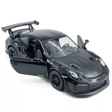 Black sports car diecast model, raised hood and open door