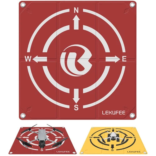 Red foldable drone landing pad mat with compass target rings