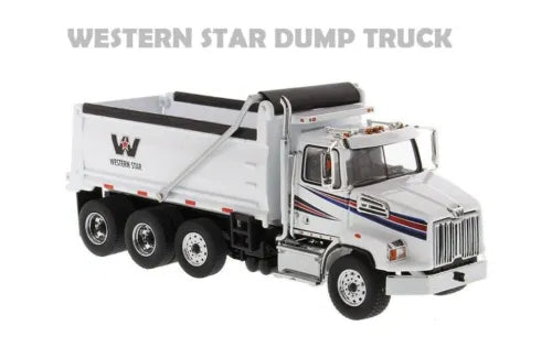 White diecast dump truck model with front cab and raised bed
