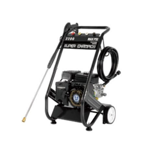 Gas pressure washer with wheels, hose reel, and folding handle