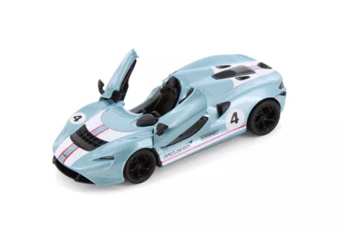 Light blue diecast convertible race car with black wheels and number decals, open cockpit