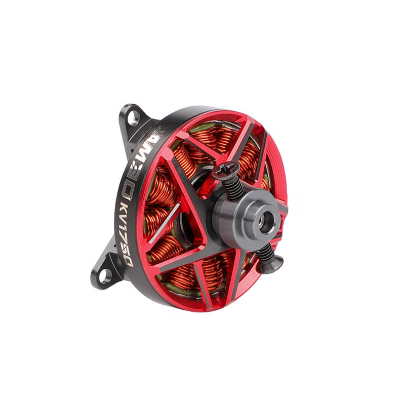 Brushless drone motor with red stator and black housing, mounting plate