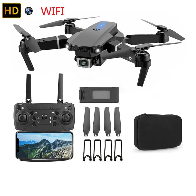 Mini quadcopter drone kit with remote controller, screen, camera, and propellers