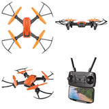 Orange and black hovering drone with 4 propellers, 720P camera, and WiFi controller display