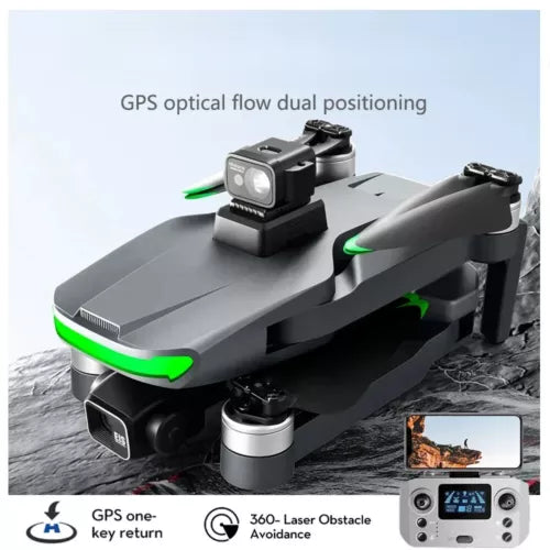Grey quadcopter drone with front camera and remote controller with screen