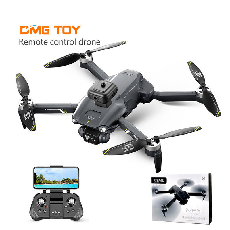 Grey remote control quadcopter drone with 4 propellers, camera module on body