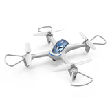 White quadcopter drone with four propellers and blue control panel