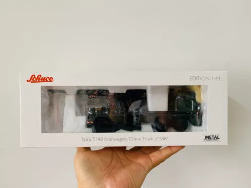 Die-cast crane truck model in box, military truck with crane, Schuco.
