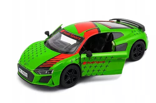 Green diecast sports car model with red accents and black wheels, front 3/4, 1:36