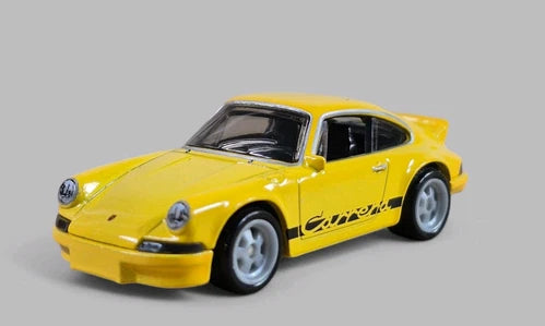 Yellow classic die-cast sports coupe with black wheels and side racing decal