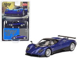 Blue Pagani Zonda F diecast model car with open hood and detailed interior