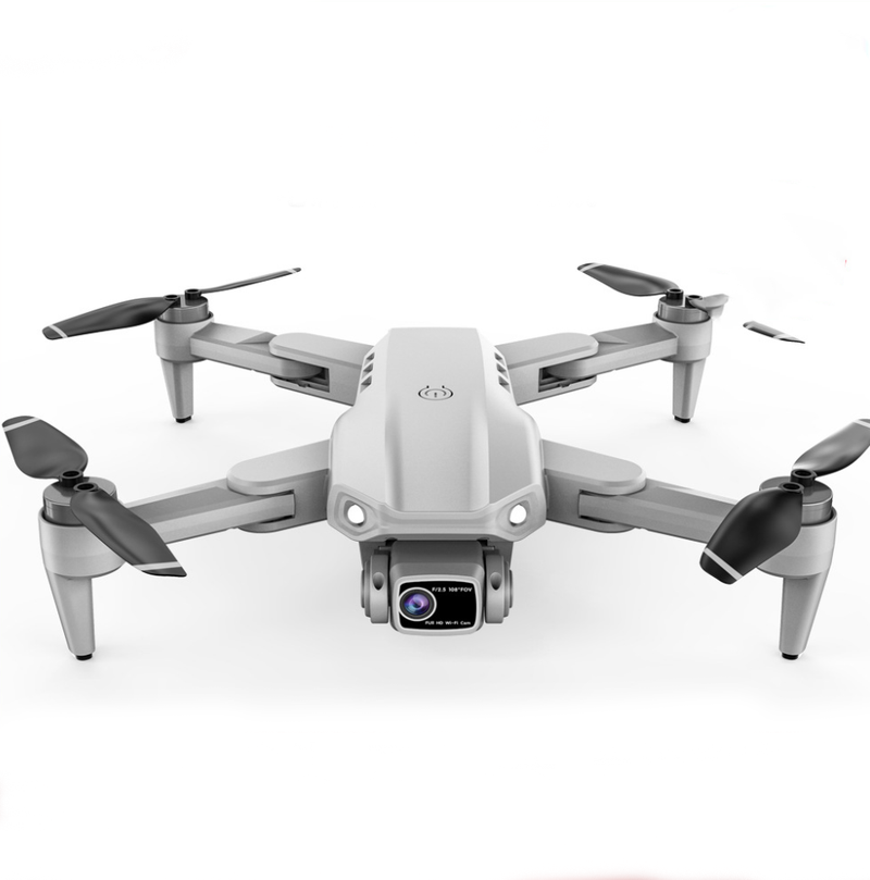 Foldable quadcopter drone with front camera and four propellers, light gray