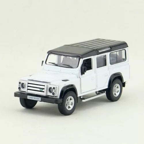 White Land Rover Defender diecast model car with black grille and off-road wheels