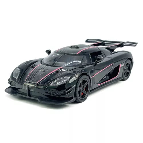 1:32 diecast model sports car toy, glossy black with red accent stripes and front splitter