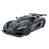 1:32 diecast model sports car toy, glossy black with red accent stripes and front splitter