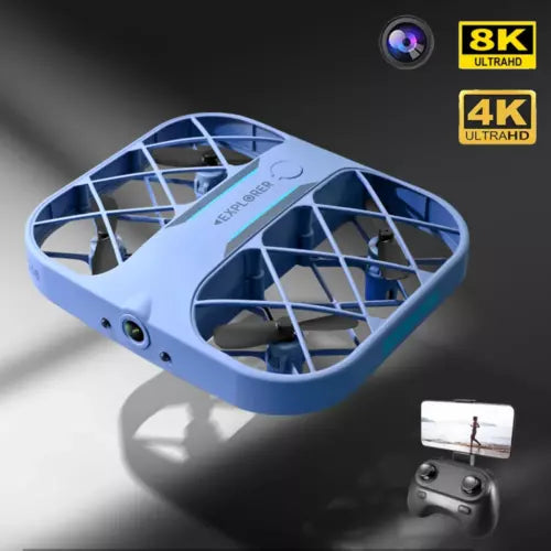 Light blue quadcopter drone with front camera and protective guard frame