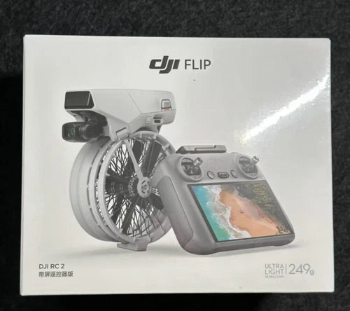 DJI Flip RC 2 drone controller with built-in screen and foldable drone on box
