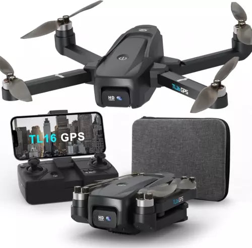 GPS drone with camera, black quadcopter, controller, and carry case