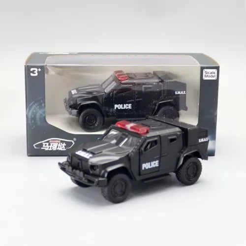 Diecast police armored personnel carrier toy car, black with red details and open door.