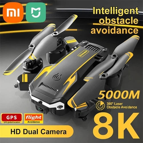 Black and yellow quadcopter drone with dual cameras, GPS, and obstacle avoidance