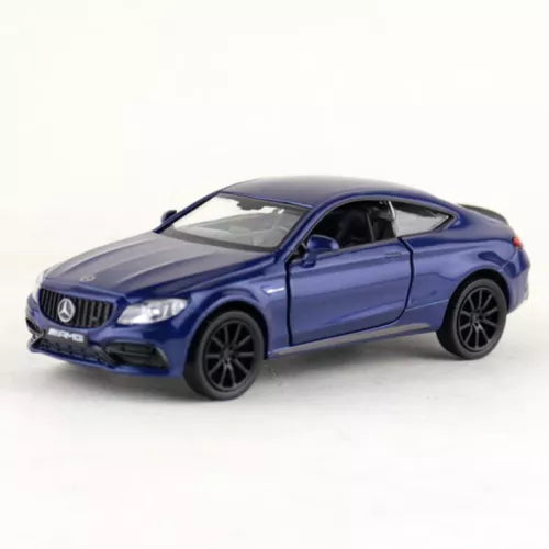 Blue 1:36 diecast model car, front 3/4 view, AMG C63 S styling