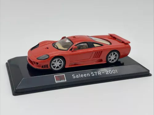 Red Saleen S7R 2001 diecast supercar model on display base, 1:43 scale
