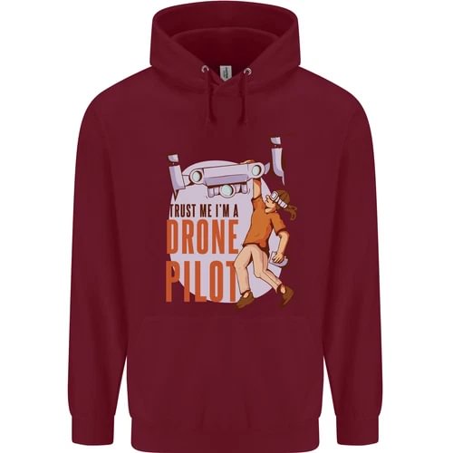 Men's cotton hoodie, burgundy with large front drone pilot graphic and drawstring hood