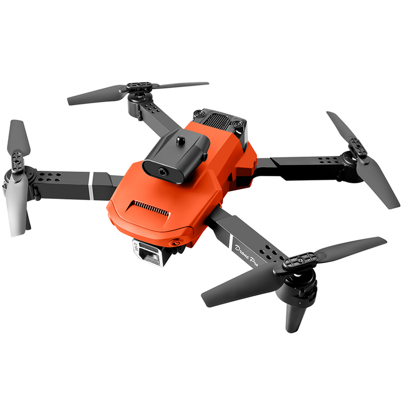 Orange foldable quadcopter drone with four propellers and front camera module