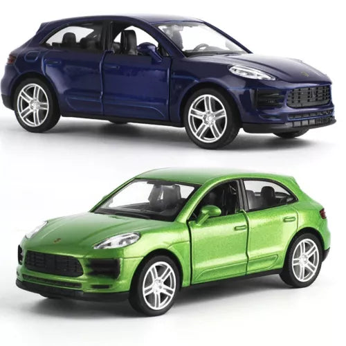 Diecast toy car models: blue and green Porsche Macan S, alloy wheels, 1:36 scale