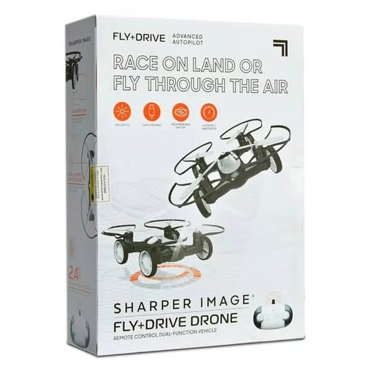 Remote-control drone product box with quadcopter graphics and Fly+Drive text