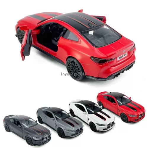 Red diecast toy car model with open door