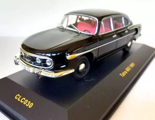 Diecast model car with black body, chrome details, red interior, on CLC030 base