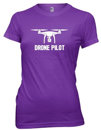Women's purple T-shirt with drone pilot graphic and DRONE PILOT text