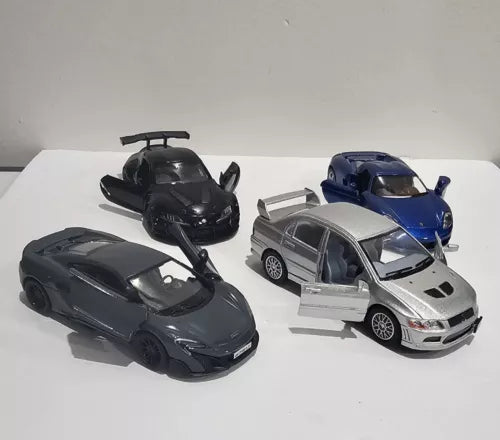 Diecast pull-back toy cars assortment in black, blue, and silver, front and side views