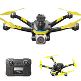 Mini quadcopter drone with yellow-and-black arms and front camera