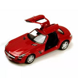Red diecast toy sports car model with open hood and raised door