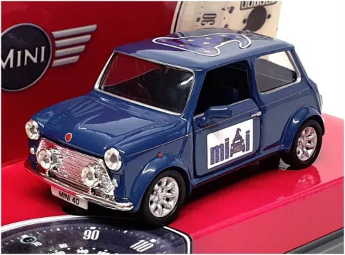Blue 1/36 scale diecast mini car with chrome grille and front lights