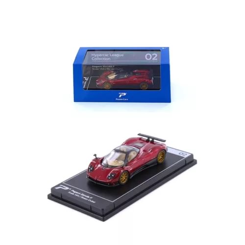 Red diecast sports car model on display base, Hypercar League box