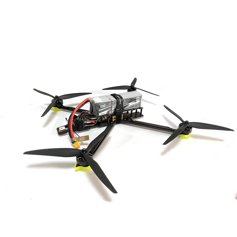 Small FPV racing drone with camera, black body, orange stripe, four propellers