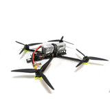 Small FPV racing drone with camera, black body, orange stripe, four propellers