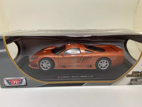 Orange diecast model car in open display box with clear window