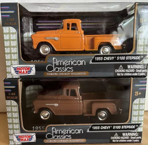 Motor Max American Classics 1955 Chevy 5100 Stepside pickup die-cast, orange and brown