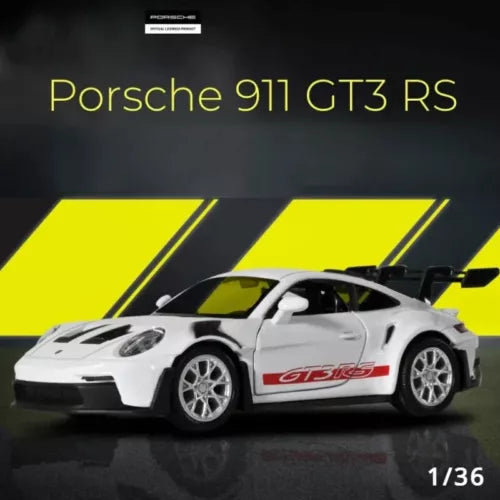 Diecast mini racing car model, white Porsche GT3 RS with red side stripe