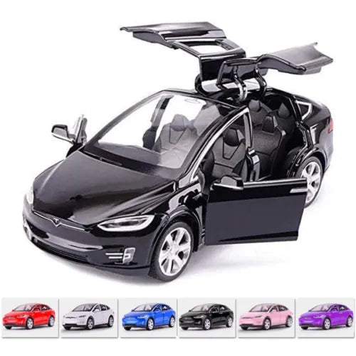 Alloy diecast pull-back toy car with open doors, black with silver details, 1:32 scale