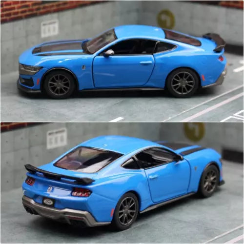 Blue diecast toy car model with black wheels, tinted windows, rear spoiler