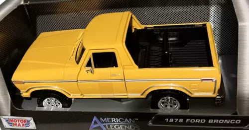 Yellow 1979 Ford Bronco diecast model, side view with black interior