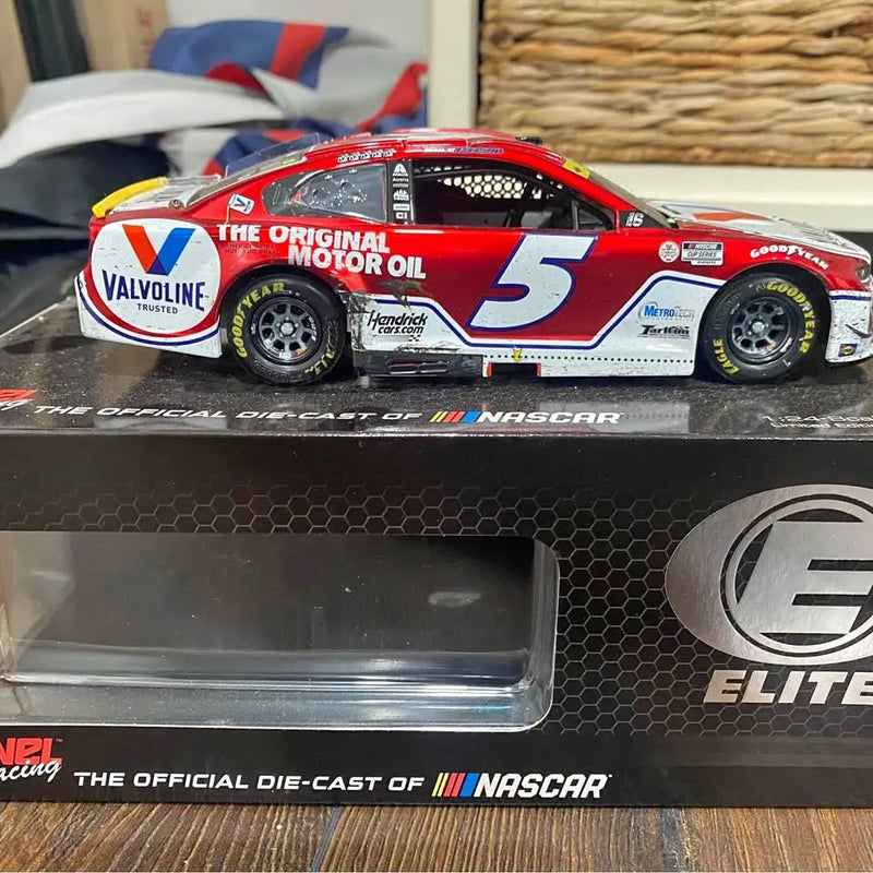 Diecast NASCAR race car, red white blue #5 with sponsor decals