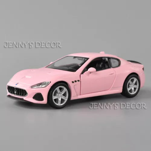 Pink Maserati GranTurismo MC diecast pull-back toy car, front 3/4 view