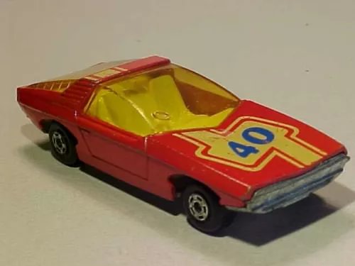 Red and yellow diecast toy car with blue 40 racing decal, 3 inch scale