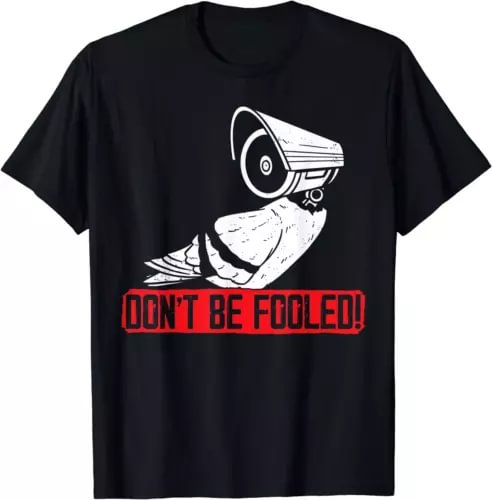 Black T-shirt with white bird-drone graphic and red DON'T BE FOOLED! text